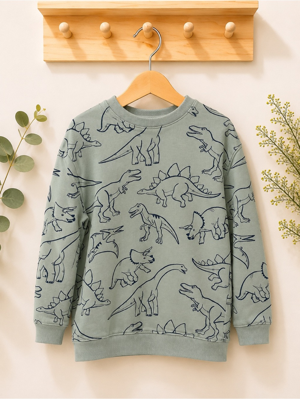 H&M Sage Green Kids Dinosaur Crewneck Sweatshirt